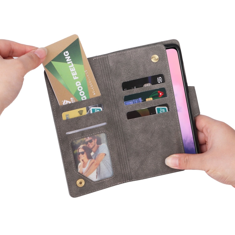 For OnePlus 7 Rivet Buckle 9 Cards Three Fold Leather Phone Case