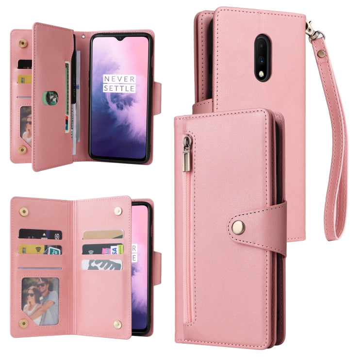 For OnePlus 7 Rivet Buckle 9 Cards Three Fold Leather Phone Case