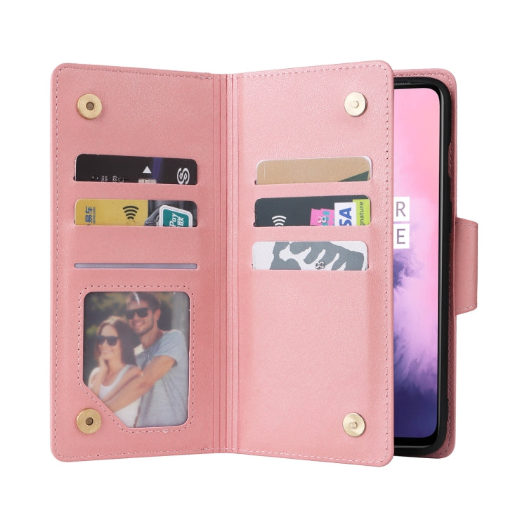 For OnePlus 7 Rivet Buckle 9 Cards Three Fold Leather Phone Case