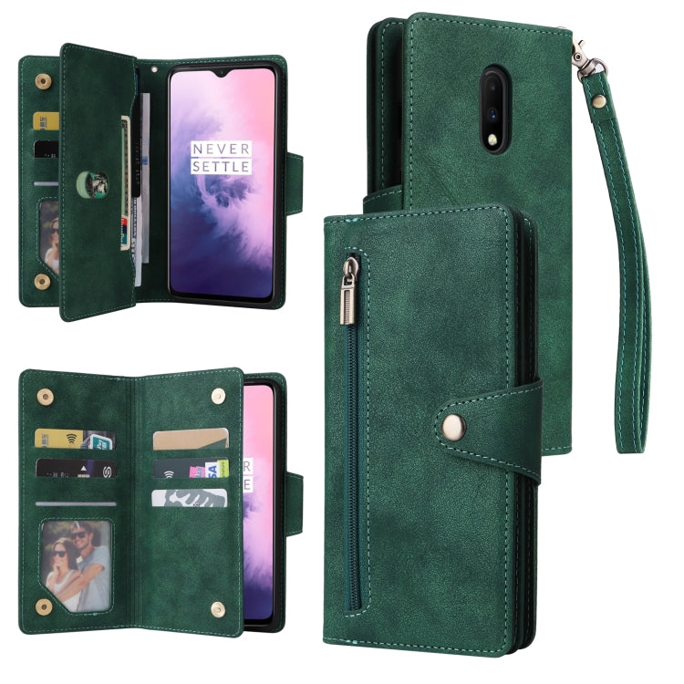 For OnePlus 7 Rivet Buckle 9 Cards Three Fold Leather Phone Case