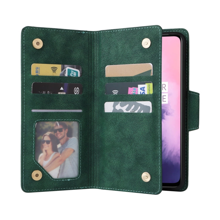 For OnePlus 7 Rivet Buckle 9 Cards Three Fold Leather Phone Case