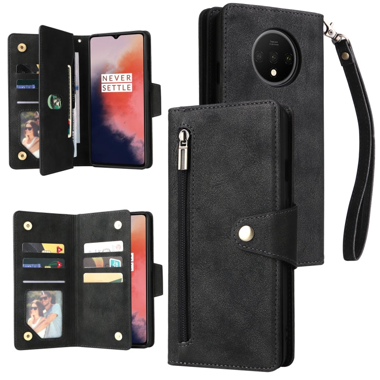 For OnePlus 7T Rivet Buckle 9 Cards Three Fold Leather Phone Case
