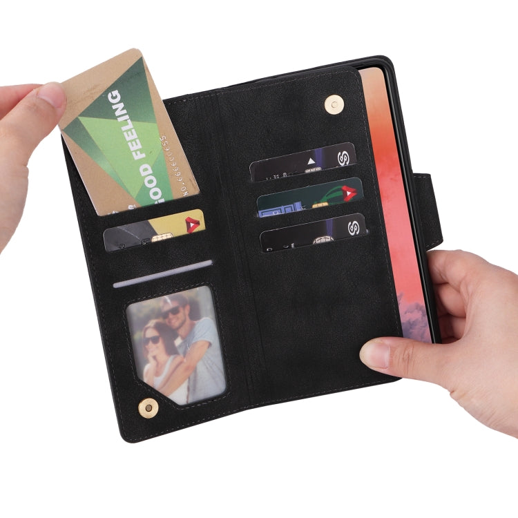 For OnePlus 7T Rivet Buckle 9 Cards Three Fold Leather Phone Case
