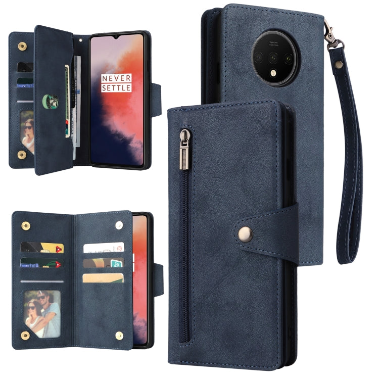 For OnePlus 7T Rivet Buckle 9 Cards Three Fold Leather Phone Case