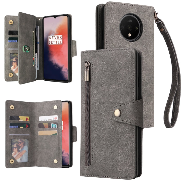 For OnePlus 7T Rivet Buckle 9 Cards Three Fold Leather Phone Case
