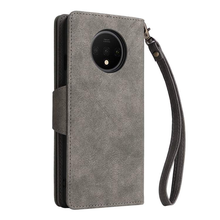 For OnePlus 7T Rivet Buckle 9 Cards Three Fold Leather Phone Case