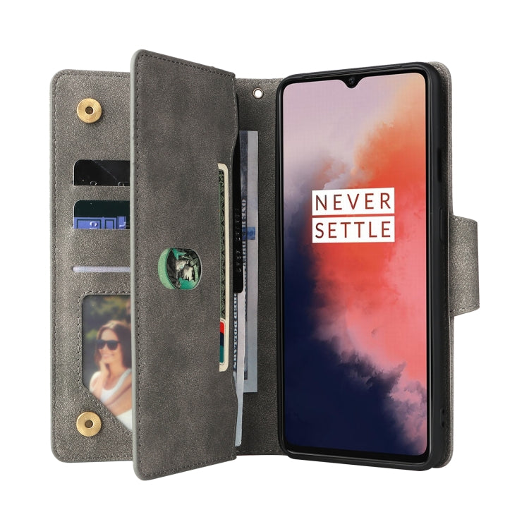For OnePlus 7T Rivet Buckle 9 Cards Three Fold Leather Phone Case