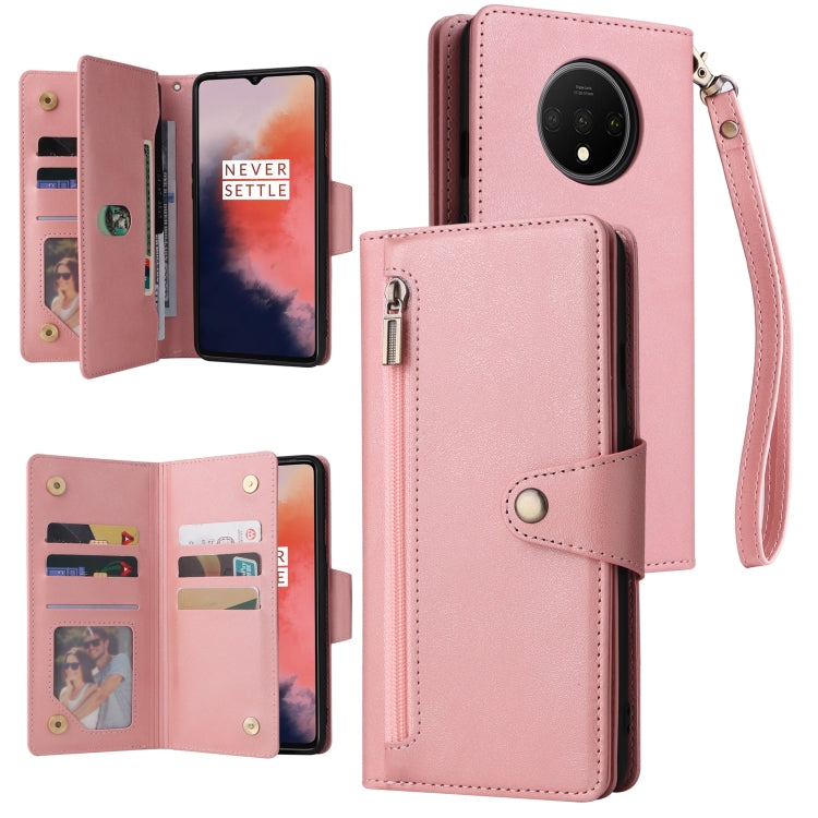 For OnePlus 7T Rivet Buckle 9 Cards Three Fold Leather Phone Case