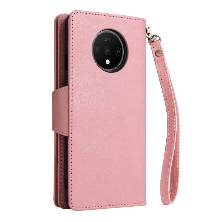 For OnePlus 7T Rivet Buckle 9 Cards Three Fold Leather Phone Case