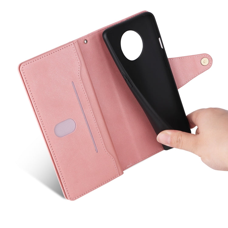 For OnePlus 7T Rivet Buckle 9 Cards Three Fold Leather Phone Case