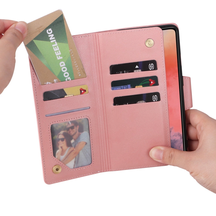 For OnePlus 7T Rivet Buckle 9 Cards Three Fold Leather Phone Case