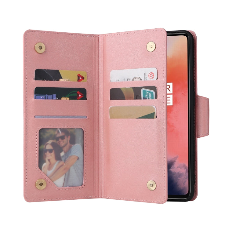For OnePlus 7T Rivet Buckle 9 Cards Three Fold Leather Phone Case