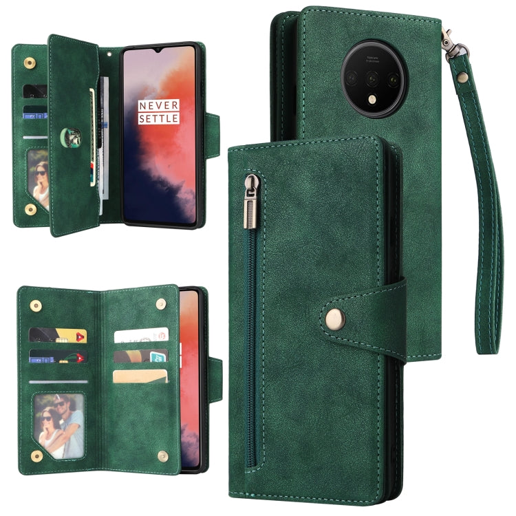 For OnePlus 7T Rivet Buckle 9 Cards Three Fold Leather Phone Case