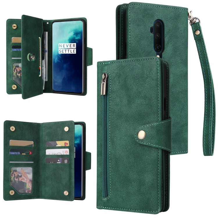 For OnePlus 7T Pro Rivet Buckle 9 Cards Three Fold Leather Phone Case