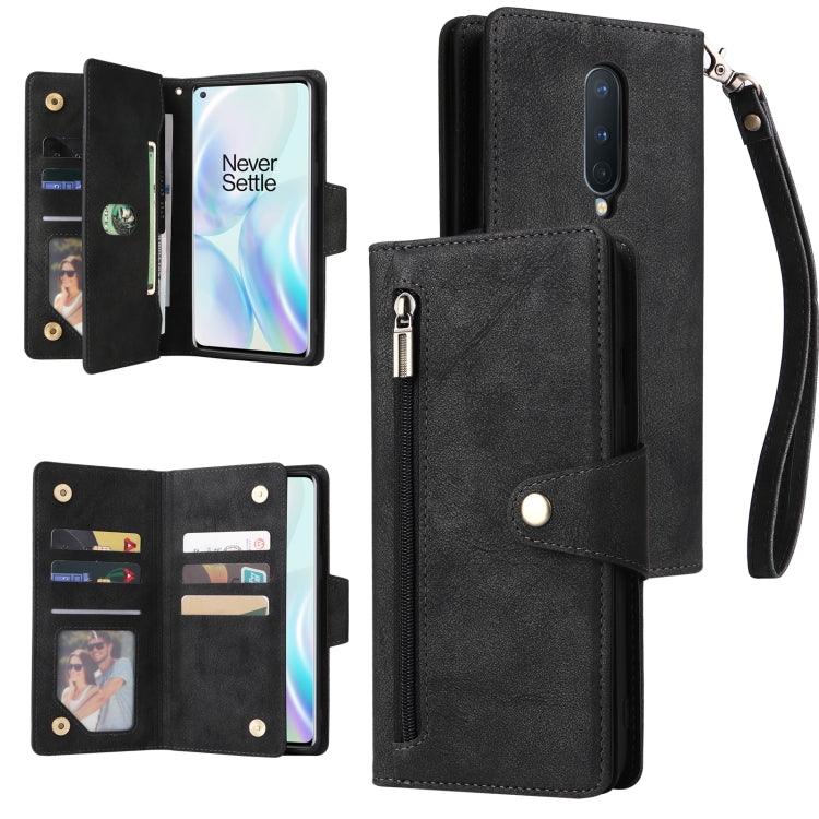 For OnePlus 8 Rivet Buckle 9 Cards Three Fold Leather Phone Case