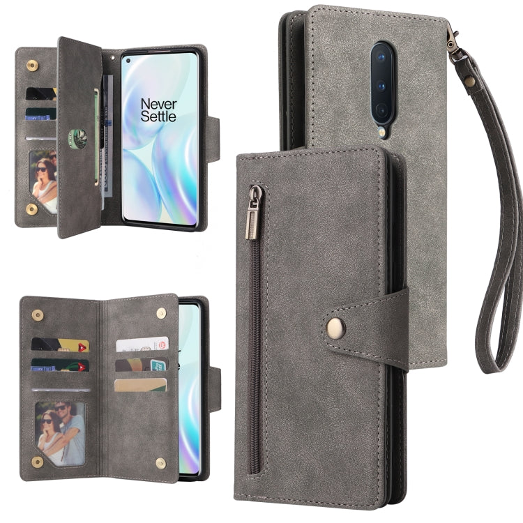 For OnePlus 8 Rivet Buckle 9 Cards Three Fold Leather Phone Case