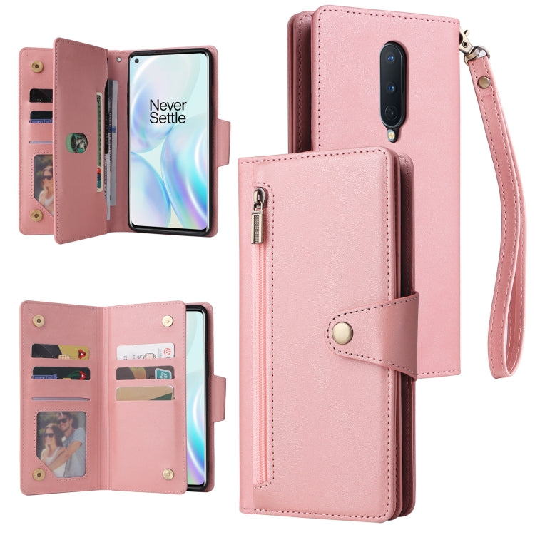 For OnePlus 8 Rivet Buckle 9 Cards Three Fold Leather Phone Case