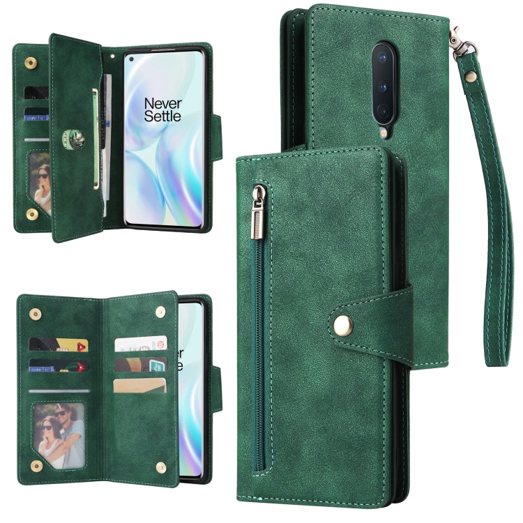 For OnePlus 8 Rivet Buckle 9 Cards Three Fold Leather Phone Case