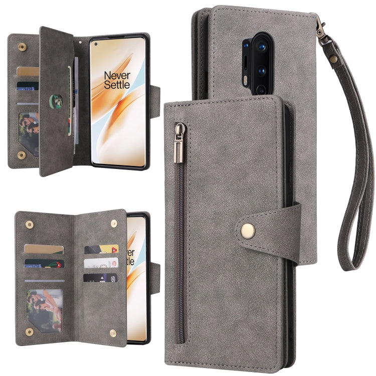 For OnePlus 8 Pro Rivet Buckle 9 Cards Three Fold Leather Phone Case