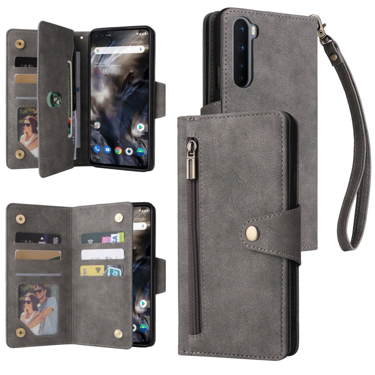 For OnePlus Nord Rivet Buckle 9 Cards Three Fold Leather Phone Case