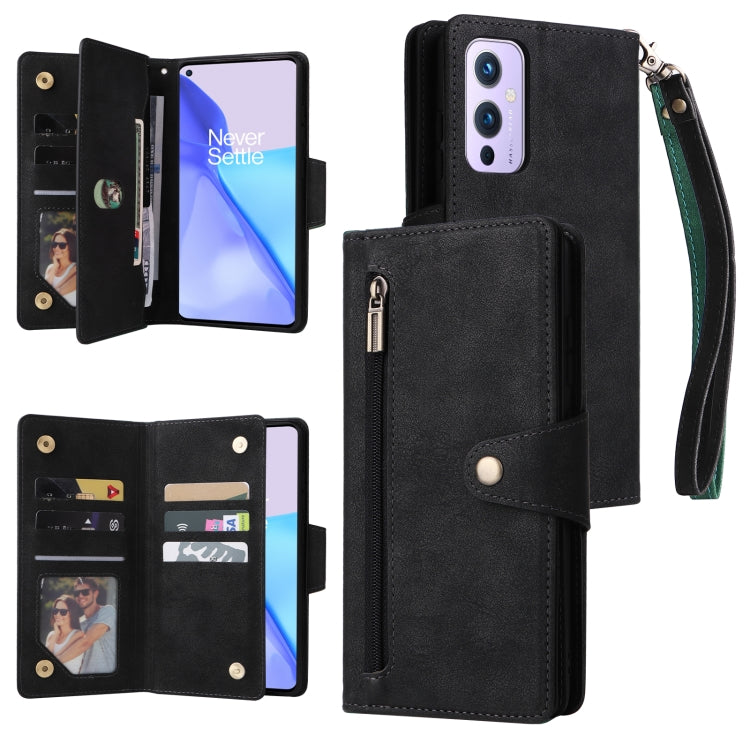For OnePlus 9 Rivet Buckle 9 Cards Three Fold Leather Phone Case