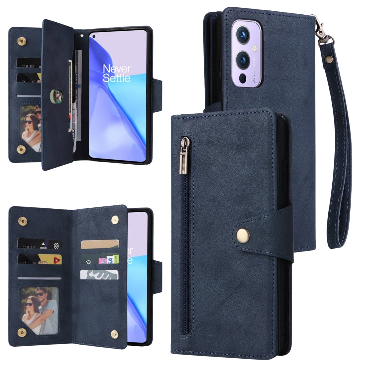 For OnePlus 9 Rivet Buckle 9 Cards Three Fold Leather Phone Case
