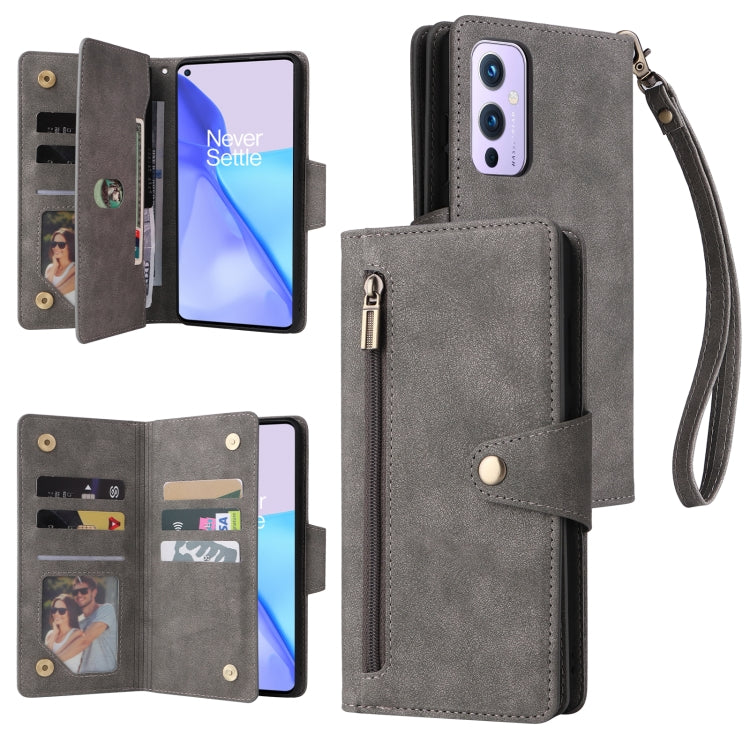For OnePlus 9 Rivet Buckle 9 Cards Three Fold Leather Phone Case