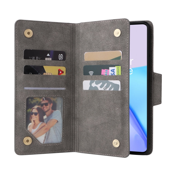For OnePlus 9 Rivet Buckle 9 Cards Three Fold Leather Phone Case