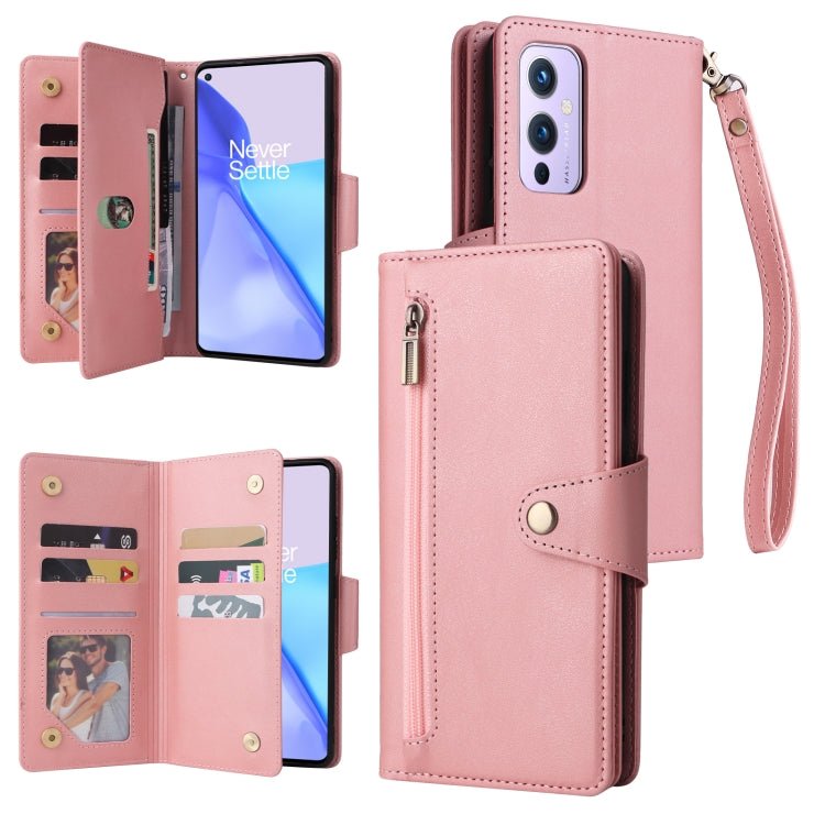 For OnePlus 9 Rivet Buckle 9 Cards Three Fold Leather Phone Case