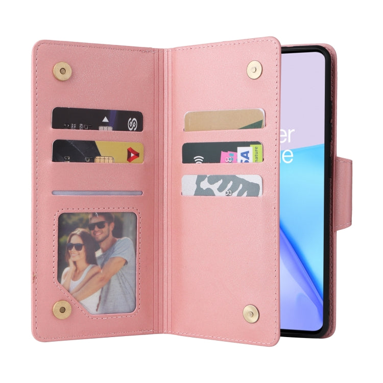 For OnePlus 9 Rivet Buckle 9 Cards Three Fold Leather Phone Case