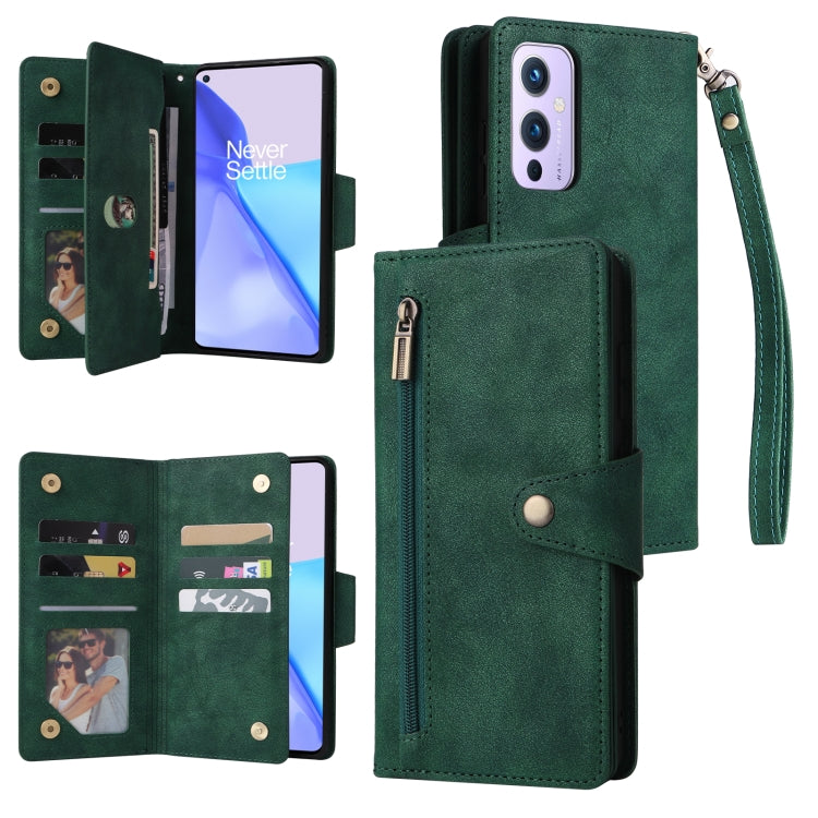 For OnePlus 9 Rivet Buckle 9 Cards Three Fold Leather Phone Case