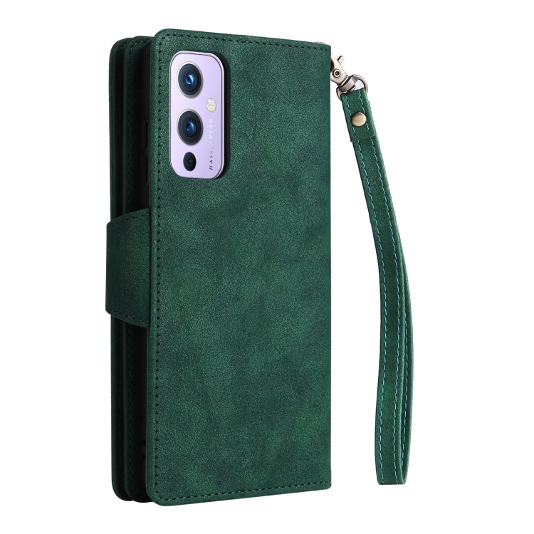 For OnePlus 9 Rivet Buckle 9 Cards Three Fold Leather Phone Case