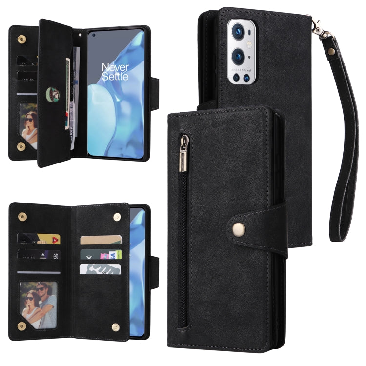 For OnePlus 9 Pro Rivet Buckle 9 Cards Three Fold Leather Phone Case