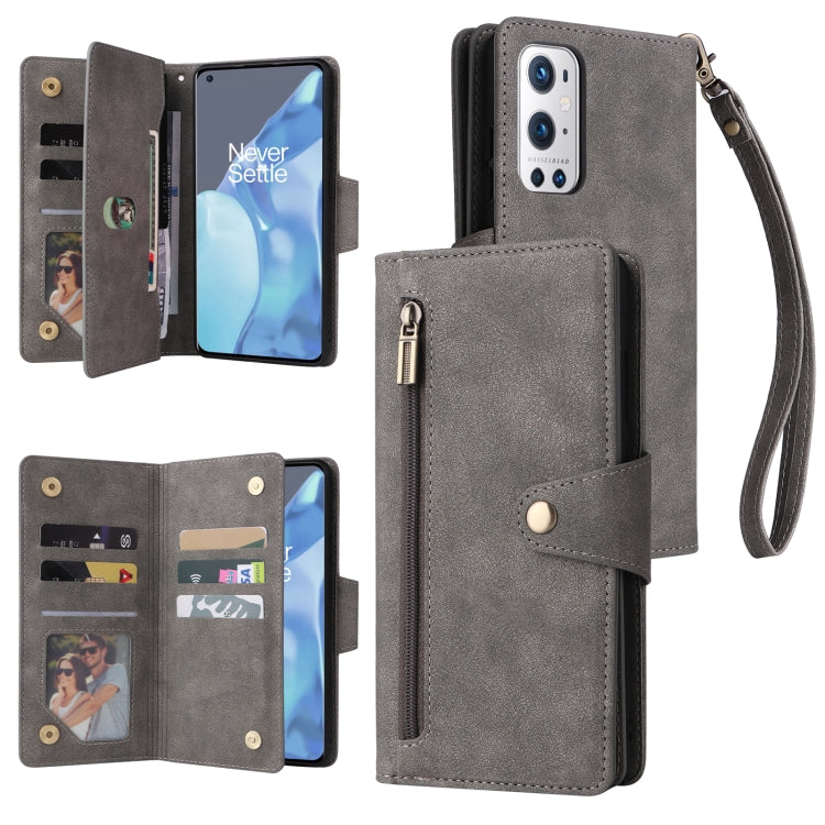For OnePlus 9 Pro Rivet Buckle 9 Cards Three Fold Leather Phone Case