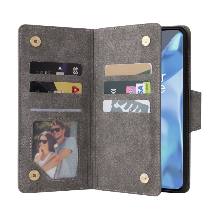 For OnePlus 9 Pro Rivet Buckle 9 Cards Three Fold Leather Phone Case