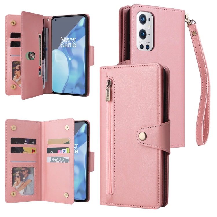 For OnePlus 9 Pro Rivet Buckle 9 Cards Three Fold Leather Phone Case