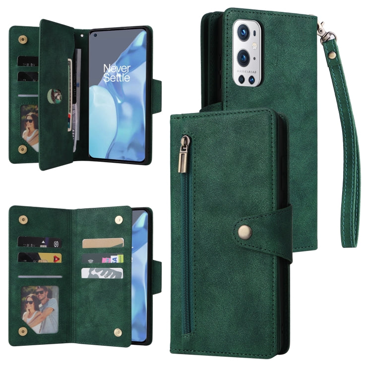 For OnePlus 9 Pro Rivet Buckle 9 Cards Three Fold Leather Phone Case