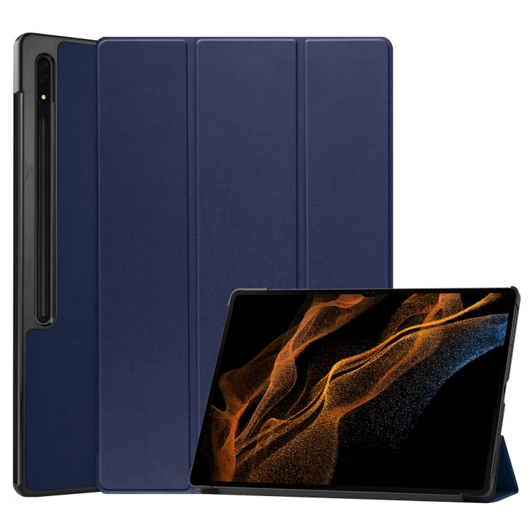 For Samsung Galaxy Tab S8 Ultra Three-folding Holder Custer Texture Leather Tablet Case