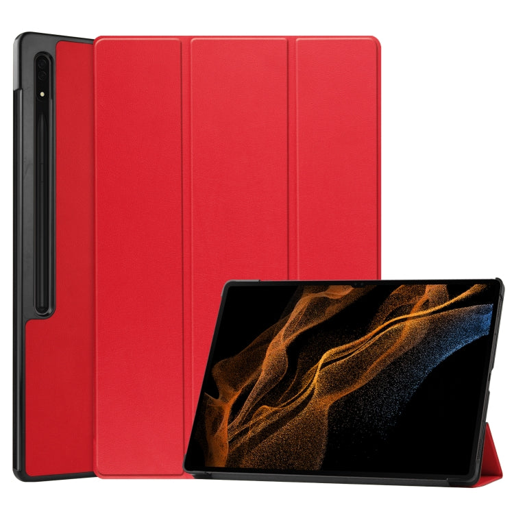 For Samsung Galaxy Tab S8 Ultra Three-folding Holder Custer Texture Leather Tablet Case