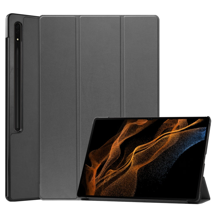 For Samsung Galaxy Tab S8 Ultra Three-folding Holder Custer Texture Leather Tablet Case
