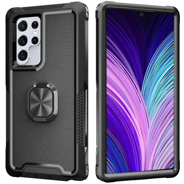 For Samsung Galaxy S22 Ultra 5G 3 in 1 Ring Holder PC + TPU Phone Case
