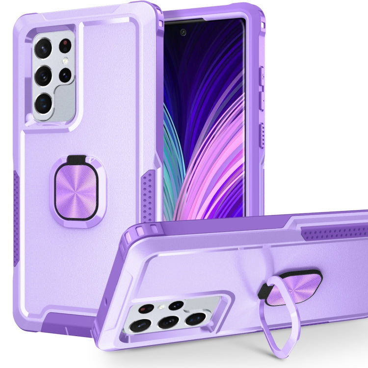 For Samsung Galaxy S22 Ultra 5G 3 in 1 Ring Holder PC + TPU Phone Case