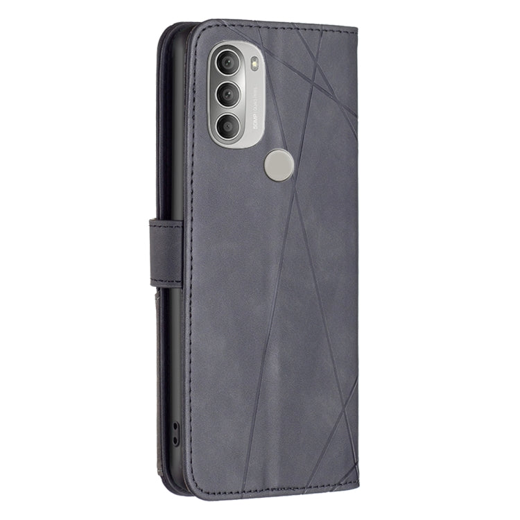 For Motorola Moto G51 5G Rhombus Texture Magnetic Buckle Horizontal Flip Leather Phone Case
