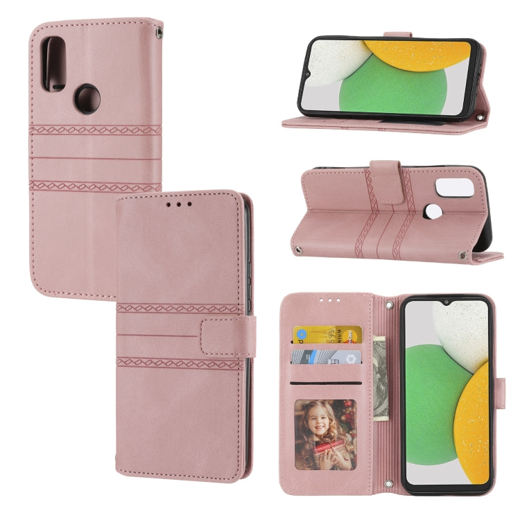 For Kyocera Android One S9 / Digno Sanga Edition Embossed Striped Magnetic Buckle Horizontal Flip Phone Leather Case