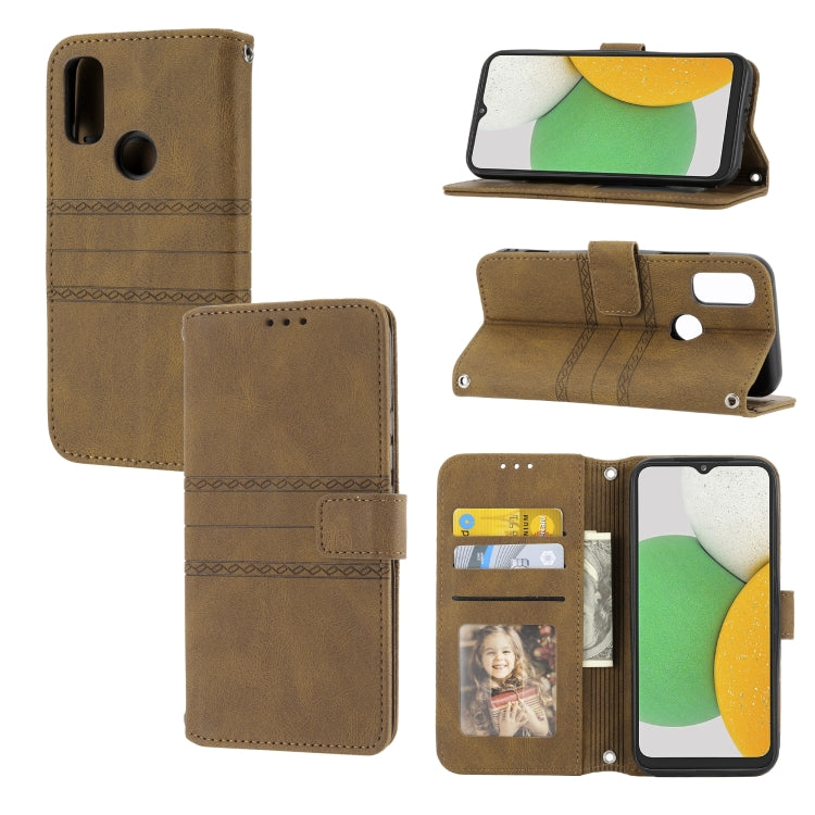 For Kyocera Android One S9 / Digno Sanga Edition Embossed Striped Magnetic Buckle Horizontal Flip Phone Leather Case