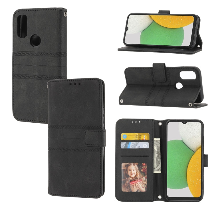 For Kyocera Android One S9 / Digno Sanga Edition Embossed Striped Magnetic Buckle Horizontal Flip Phone Leather Case