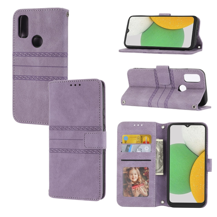 For Kyocera Android One S9 / Digno Sanga Edition Embossed Striped Magnetic Buckle Horizontal Flip Phone Leather Case