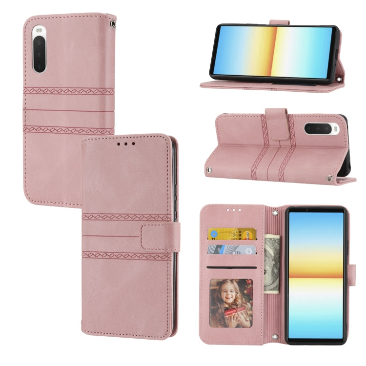 For Sony Xperia 10 IV Embossed Striped Magnetic Buckle Horizontal Flip Phone Leather Case