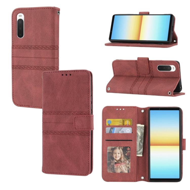 For Sony Xperia 10 IV Embossed Striped Magnetic Buckle Horizontal Flip Phone Leather Case