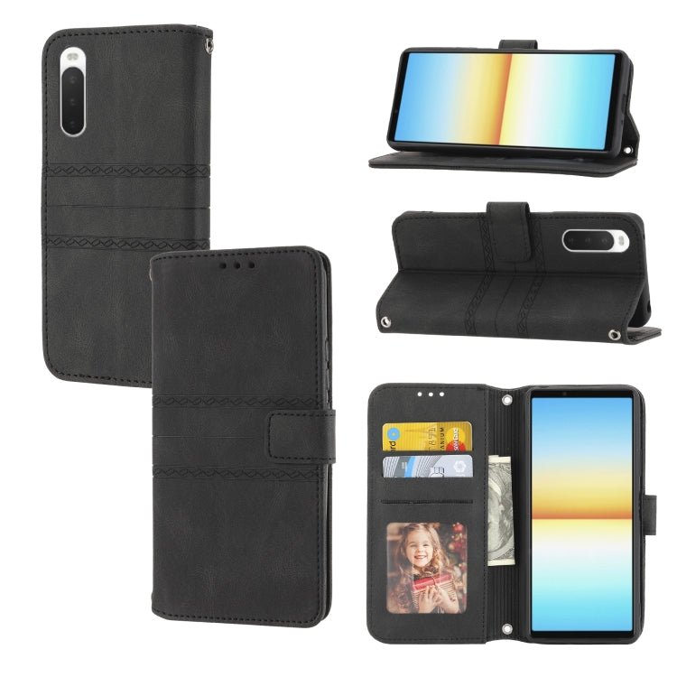 For Sony Xperia 10 IV Embossed Striped Magnetic Buckle Horizontal Flip Phone Leather Case